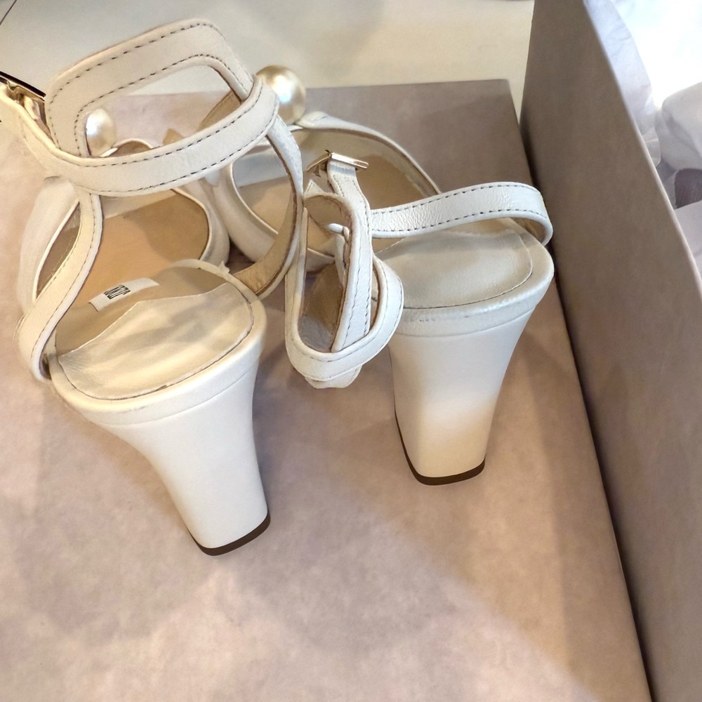 JIMMY CHOO Sacaria 85 Block Heels Sandals Cream White Bridal Pearl 37.5 7.5 - Picture 13 of 14